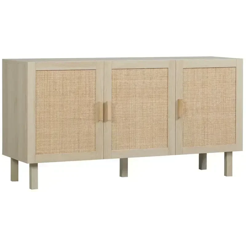 Buffet Meuble de Rangement Placard 3 Portes avec étagère réglable Effet cannage Style bohème - 136 x 41 x 70 cm