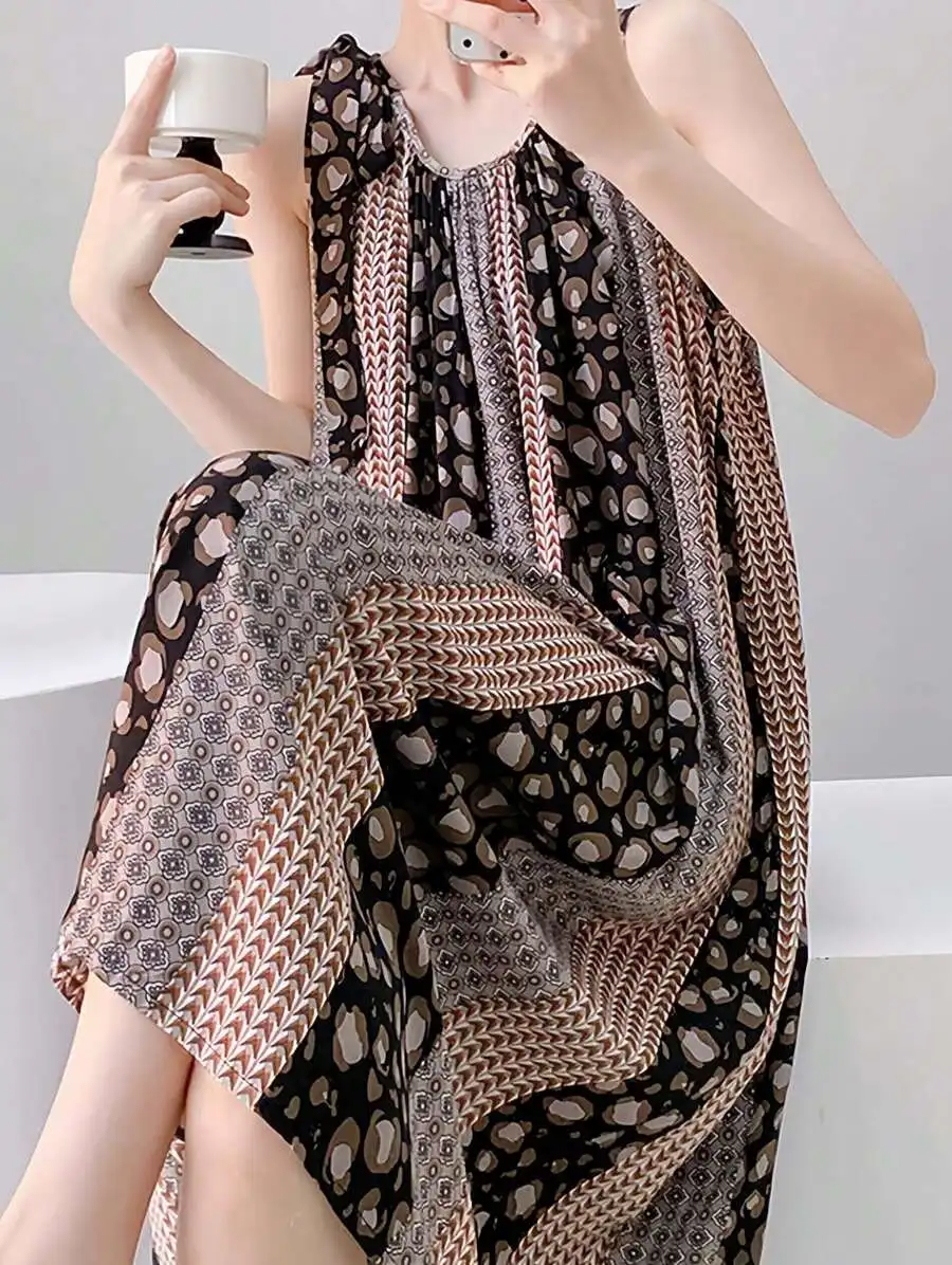 Women Sleeveless Summer Dress Artificial Cotton Silk Blend Vacation Style Long Camisole With Leopard And Geometric Print