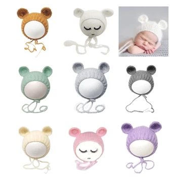 신생아 모헤어 사진 모자 신생아 사진 QX2D를위한 귀가있는 사랑스러운 아기 모자