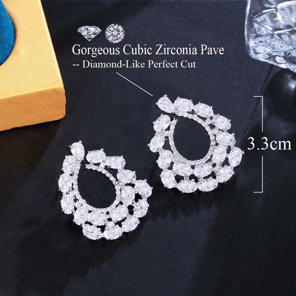 CWWZircons Sparkling White Oval Round Cubic Zirconia Women Big Stud Earrings Silver Plated Ladies Party Costume Jewelry CZ355