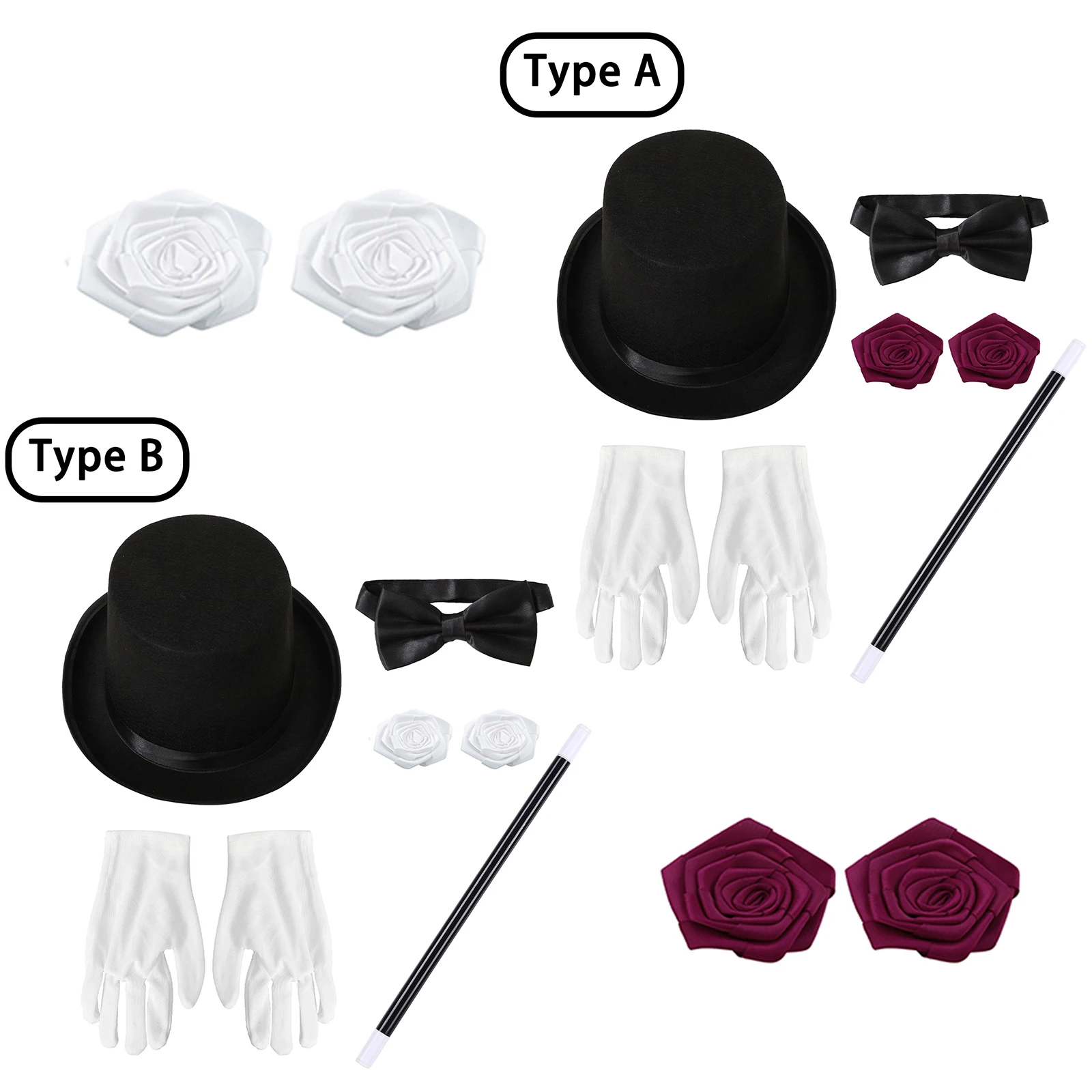 Halloween Magician Costume Accessories Bowler Hat Gloves Satin Bow Tie Ribbon Roses And Magic Wand Props for Masquerade Party