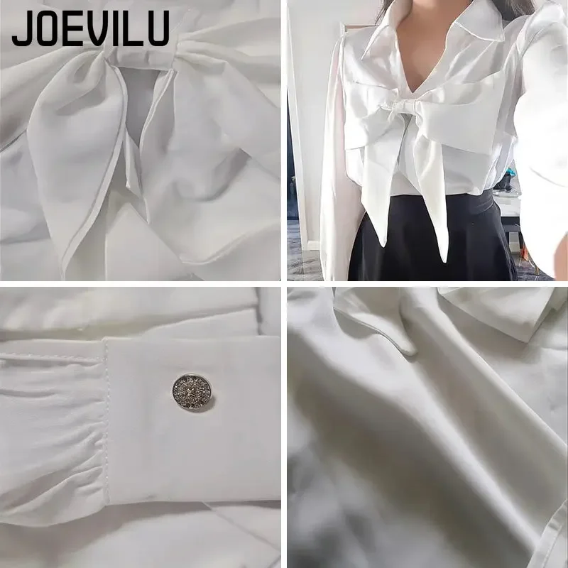 Camisa blanca elegante para mujer, Tops con lazo grande, camisas expostas con cuello en V y clavícula, blusas de moda coreana, ropa informal para mujer