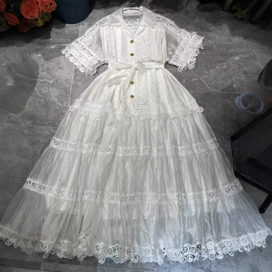 Luxury Hollow Out Long Dresses Women 2025 Summer Holiday Single Breasted Ruffle Lace Embroidery Loose Big Size Evening Vestidos