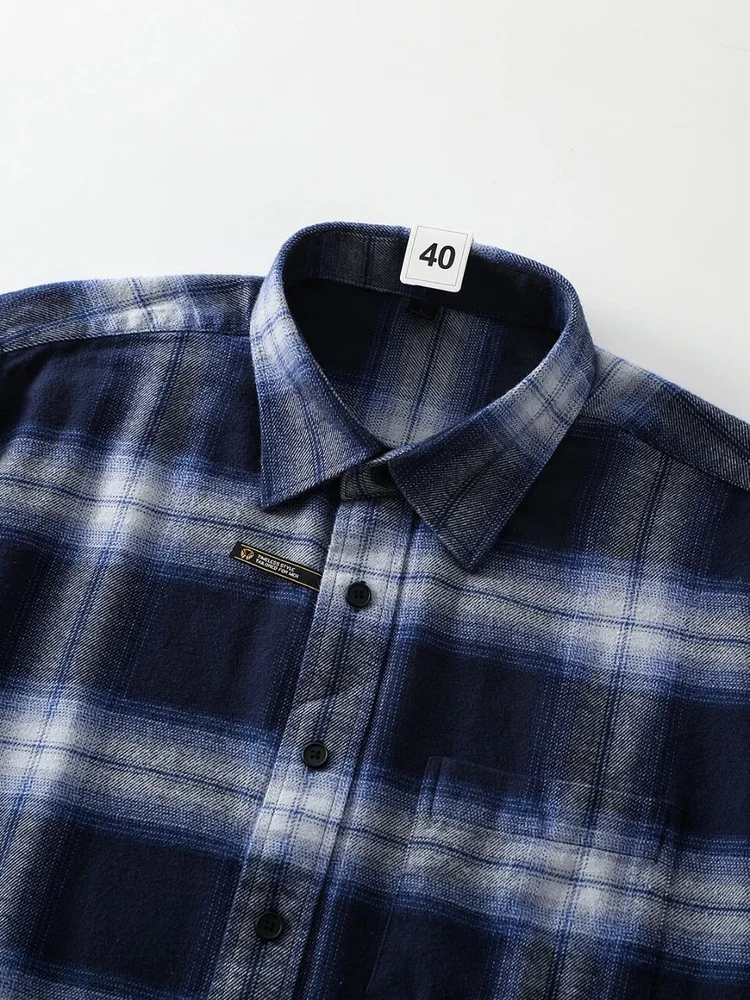 Męska koszula w stylu retro japońskim, długa, z bawełny flanelowej, miękka, w kratę, codzienna, idealna na jesień i zimę, wygodna.