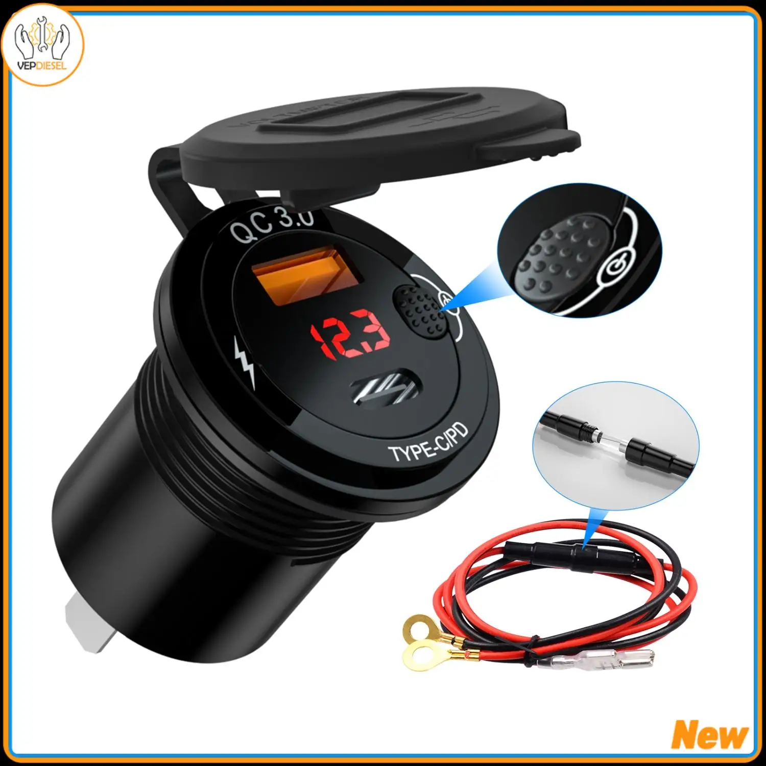 

Двойная быстрая зарядка, одинарный порт USB + тип C, зарядное устройство с механическим переключателем, вольтметр для автомобиля, мотоцикла, квадроцикла 12 В, новинка