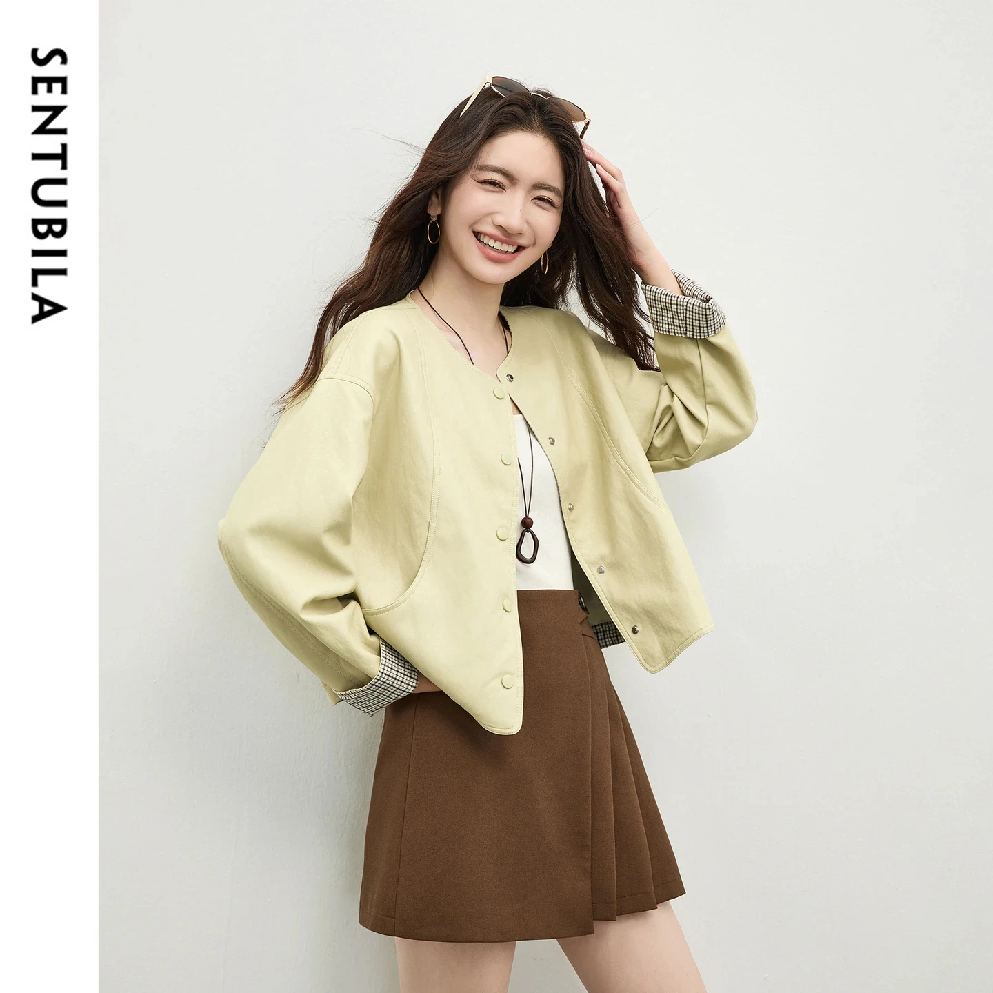 

SENTUBILA Women's Faux Leather Jacket Round Neck Color Block Patch Plaid Adjustable Drawstring Loose Cropped Coat W61GD6214