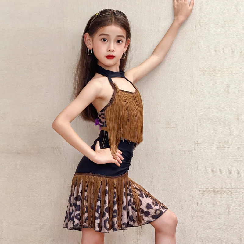 ヒョウ柄フリンジ付きラテンダンスドレス、子供用ラテンダンスパフォーマンス練習ドレス、女の子のファッショナブルなパフォーマンスドレス