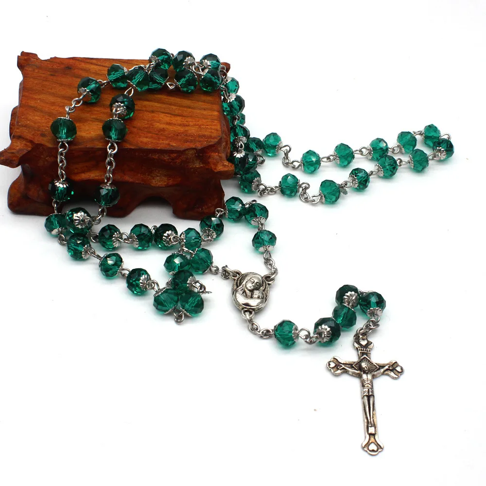 CR037 Green Rosary Beads Acrylic Natural Stone Catholic Necklace High End Cross Bitter Like Christian Religio