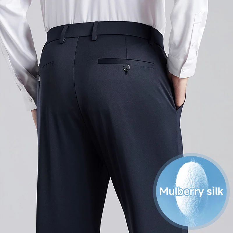 Brand Clothing Men's Summer Thin Suit Pants Straight Trousers Man Business Wrinkle-Free 2%mulberry Silk Office Wear Pant Khaki