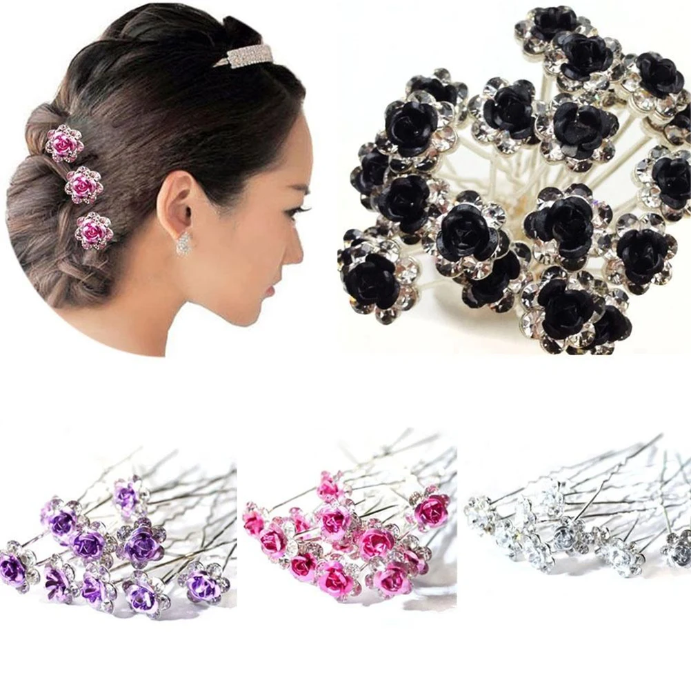 

20 pcs Rose Flower Hair Pins U Shaped Crystal Clips For Wedding Bridal Party Prom Hair Accessories Women