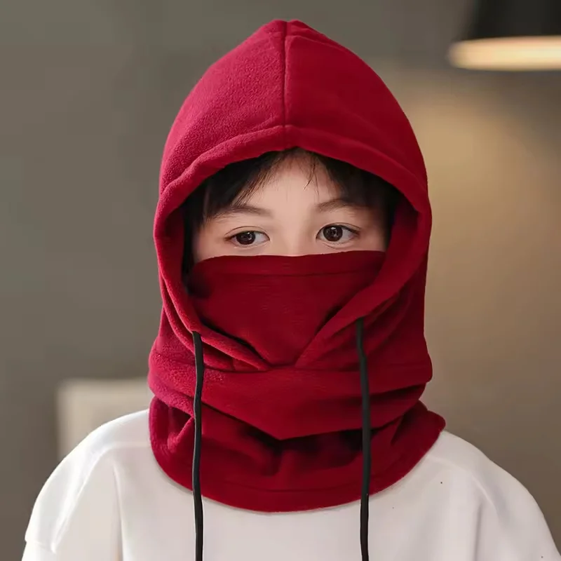 Winter Fleece Kinder Sturmhaube Hut Outdoor Winddicht Radfahren Kappe für Kinder Junge Mädchen Einfarbig Dicke Warme Mit Kapuze Beanie Schal – Detail 5