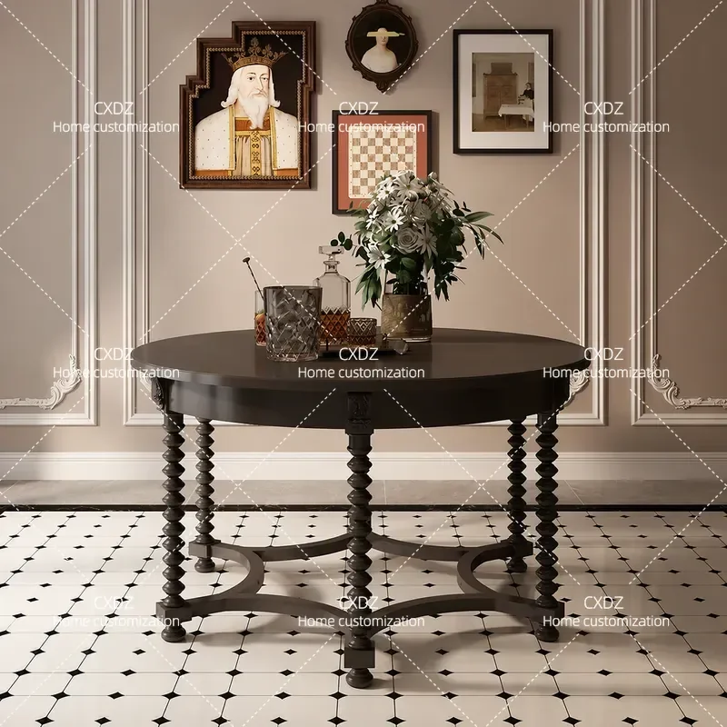 Black Solid Wood Round Dining Table Retro Carved Design Modern Simple Style Small Apartment Restaurant Furniture for 4 People