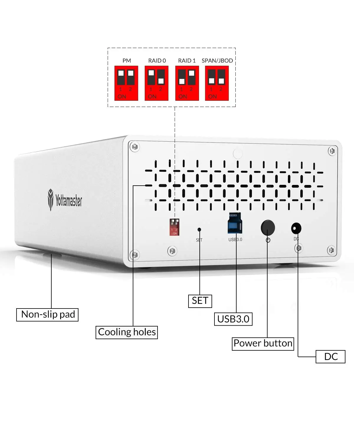 Imagem -06 - Yottamaster-gabinete de Disco Rígido de Alumínio Externo Hdd Raid tipo c Dual Bay Usb3.1 Gen1 35 Sata Ps200 25