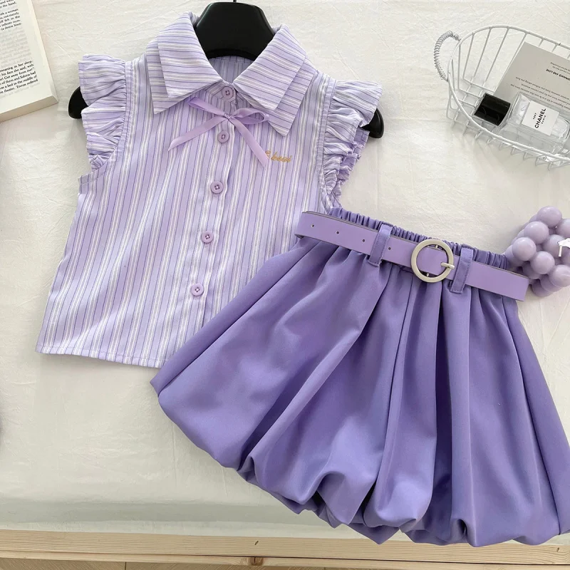 

2025Korean Style Niche Striped Short Sleeve Shirt with Small Flutter Sleeves and Floral Wide-Leg Pants Two-Piece Set3001-17188