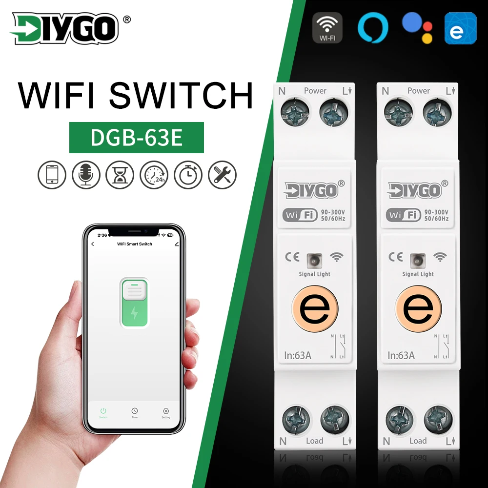 

EWeLink APP Smart WIFI Circuit Breaker 63A Mounting No Metering Timer Remote Voice Control Switch No Voltage Current Protection