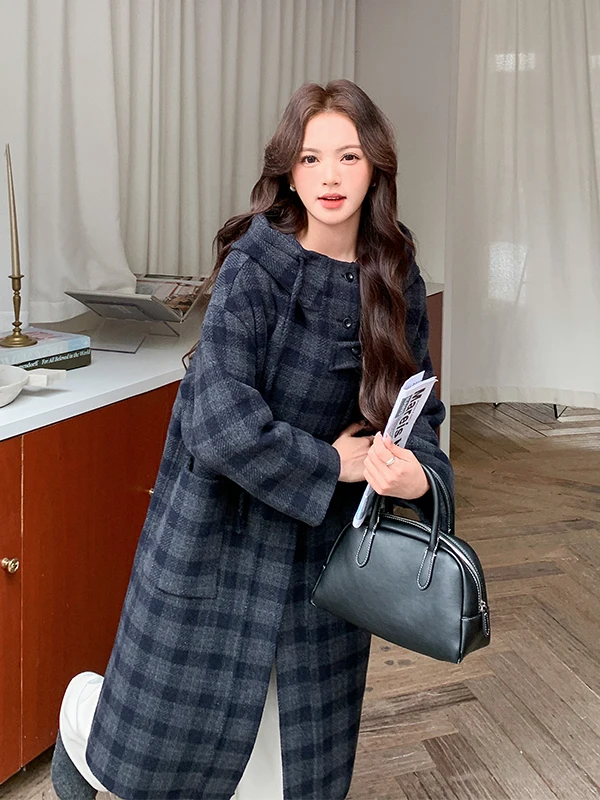 

Двустороннее шерстяное пальто в клетку с капюшоном, женское, длинное, осенне-зимнее, повседневное, в корейском стиле, утепленное, удлиненное