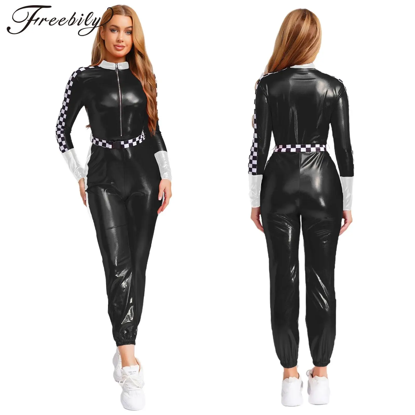 

Women's Roleplay Race Car Driver Costume Cosplay Racer Driver Jumpsuit Metallic Shiny Checkerboard Bodysuit Halloween Leotard