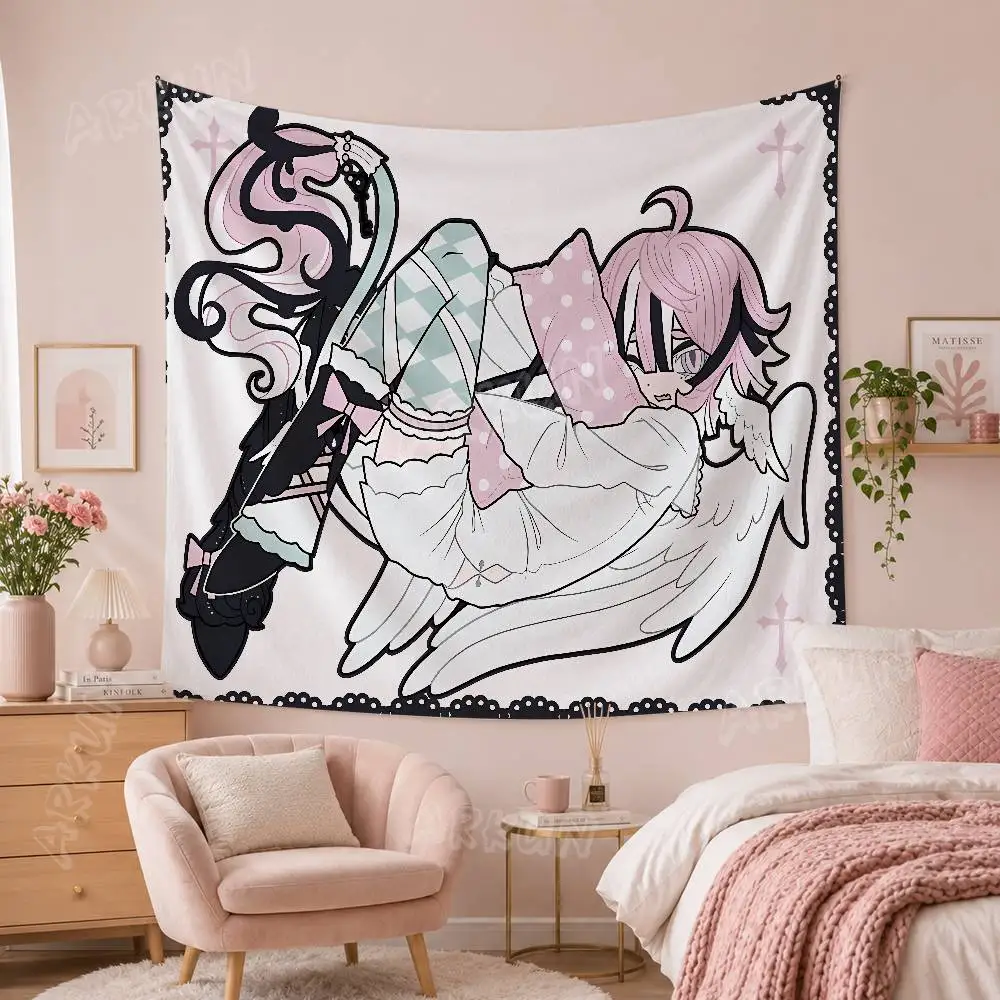 Pastel Goth Coquette Anime Girl Tapestry Pink Hair Angel Wings  Lace Border Cross Pattern Cute Dark Aesthetic Bedroom Dorm Decor