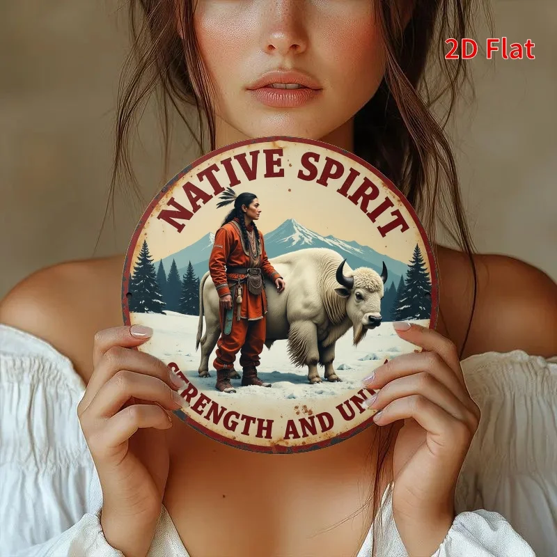 Vintage Native Spirit Bison Motif 2D Round Metal Tin Sign, Retro Western Wilderness Art Plaque For Cabin Lodge Home Wall Hanging