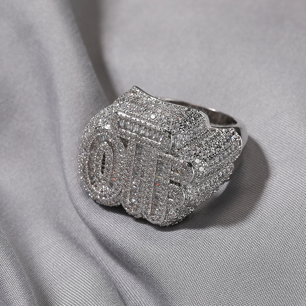 THE BLING KING Baguettecz Letters OTF Ring Iced out Two Tone Finger Ring Cubic Zircon HipHop Ring Delicate Punk Jewelry