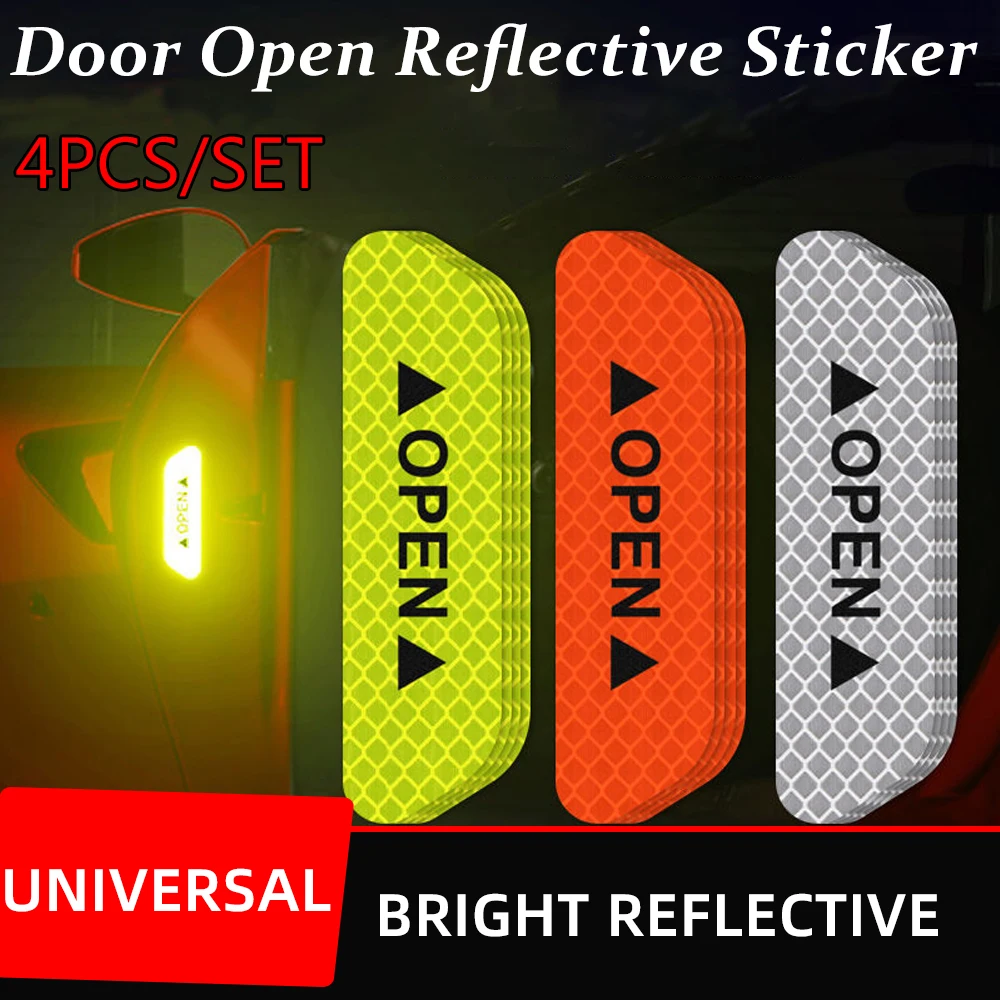 4PCS Car Door Open Reflective Stickers Night Warning Mark Tape Auto Vehicle Luminous Decals Safety Sticker DIY Install Adhesive