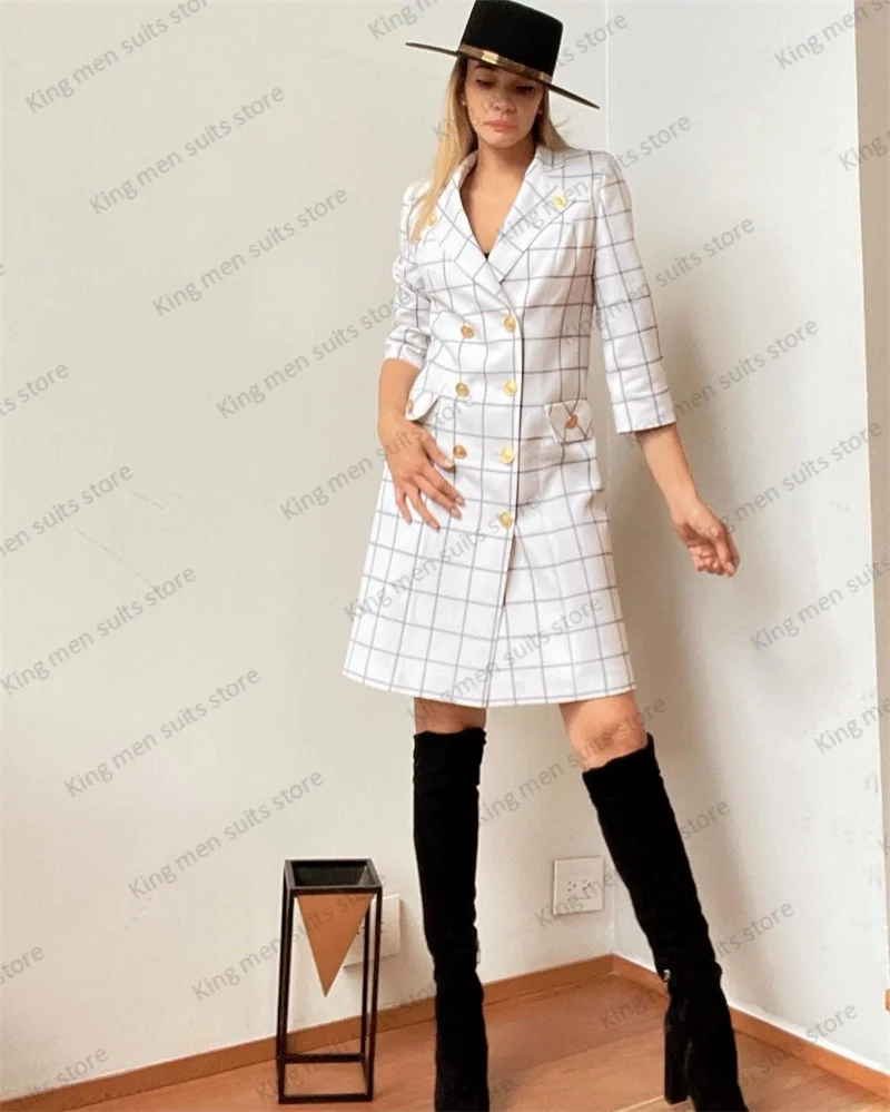 Traje blanco a cuadros para mujer, Blazer largo para boda, vestido Formal de graduación, abrigo de doble botonadura con botones de Metal, traje hecho a medida