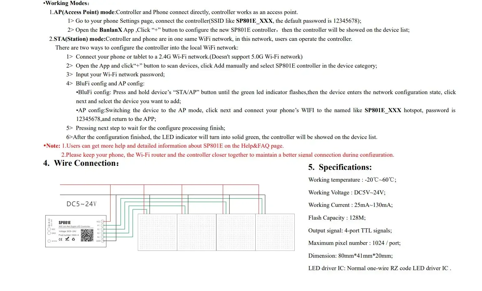 SP801E WiFi Art-Net LED Controlador para Módulo de Painel Matriz LED, Faixa de Luz Via Controle App, Modo AP, Modo STA, DC5V-24V