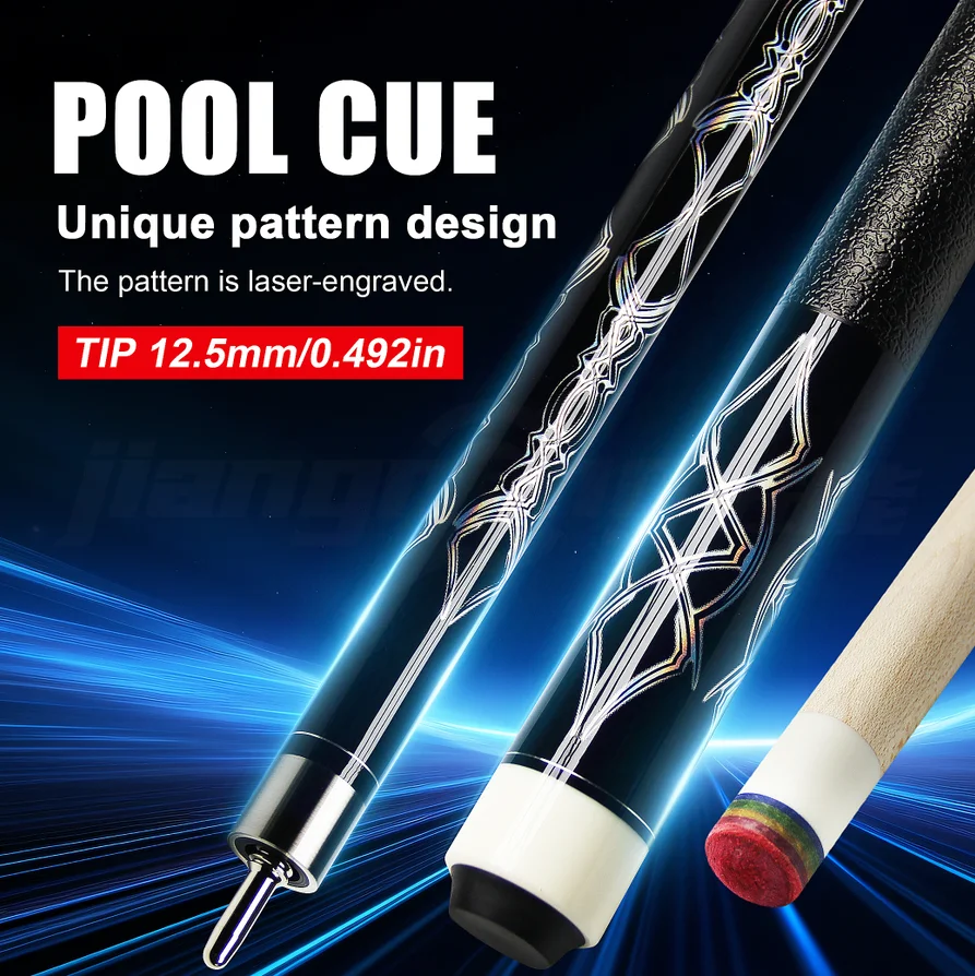 Professional Two-Piece Maple Pool Cue 12.5 MM Layered Leather Tip Stainless-Steel Joint Laser-Engraved Pattern