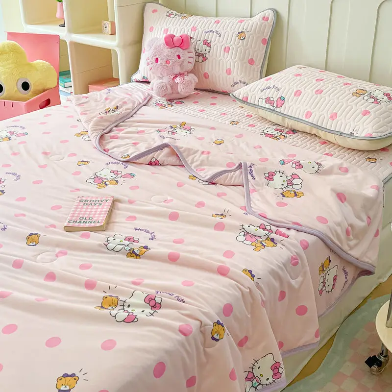 Hello Kitty Kawaii cute cartoon latex ice silk mat student dormitory summer air-conditioned soft mat mattress three-piece set