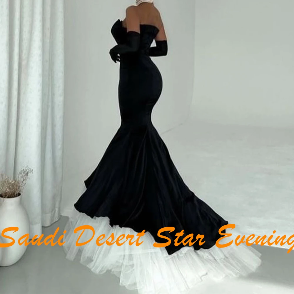 Mermaid Strapless Detachable Sleeves Satin Long Sleeves Black Modern and Elegant Evening Gowns Organza Pleats Saudi Arabia 2024