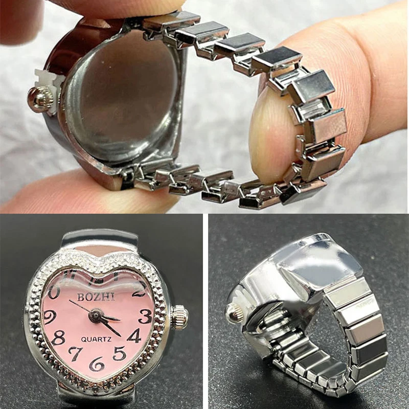 Kiss Jewelry Women Men Creative Heart Shape Clock Quartz Watch Rings Couples Elastic Strap Alloy Dial Watches Finger Ring Gift