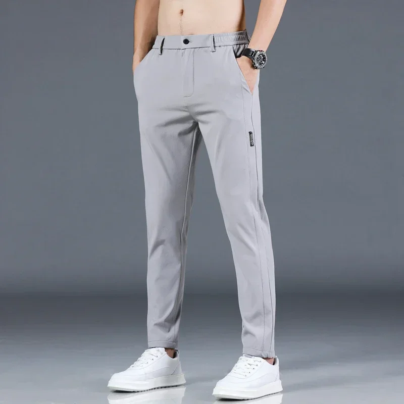 2024 Summer New Thin Ice Silk Stretch Men\'s Pants Casual Elastic Waist Smooth Trouser Pants Male Brand Clothing 5 Colour