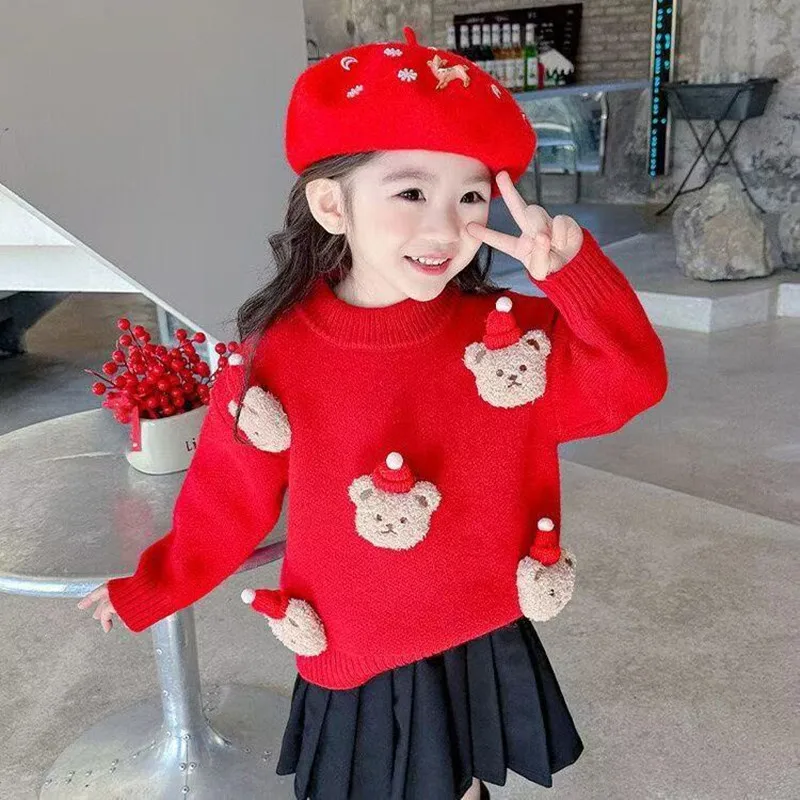 

Girls' Sweater Thickened 2025 Autumn/Winter New Sweater Children's Red Round Neck Striped Bear Top