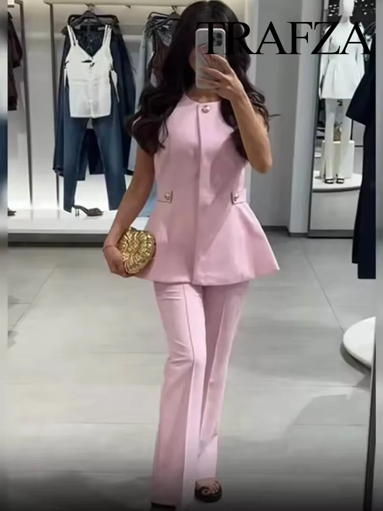 

HH Women Fashion Commuter Crew Neck Covered Short Skirt Style Hem Vest+High Waist Zipper Pockets Casual Long Flag-Flop Pants