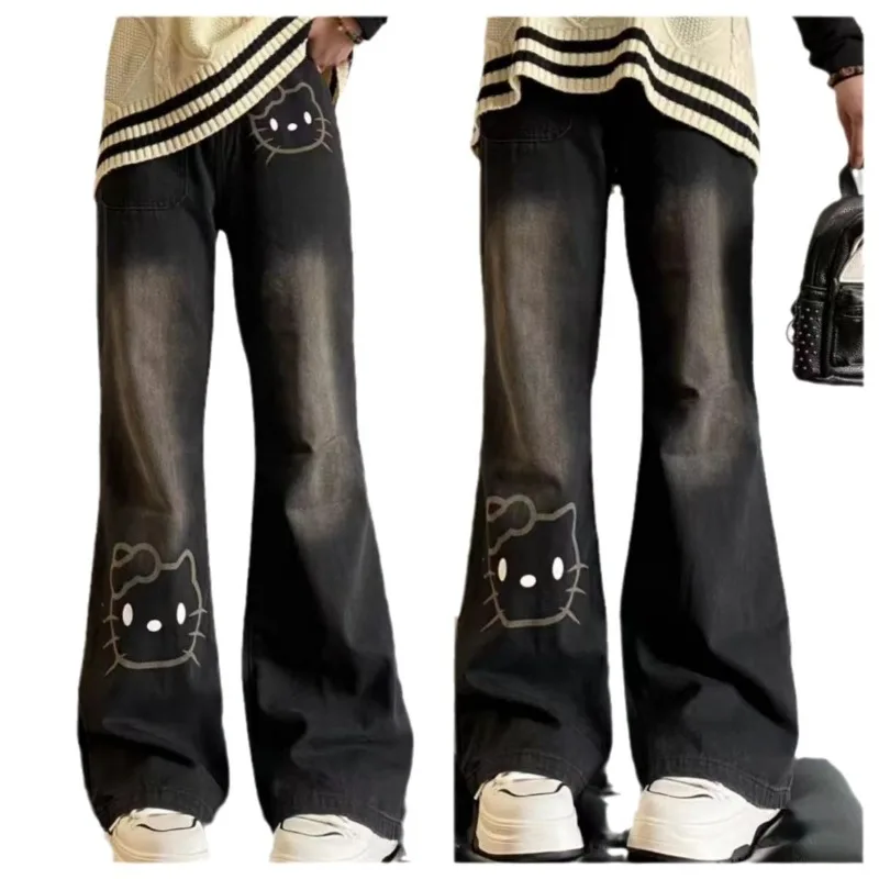 Sanrio Hello Kitty 2025 nouveaux enfants jean Kawaii filles automne taille haute noir jambe large pantalon droit vacances cadeaux d'anniversaire