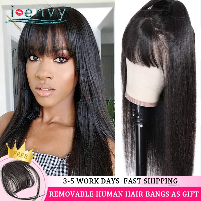 

Brazilian Human Hair Lace Wigs Removable Bangs Wig Straight Lace Frontal Wig Pre Plucked Transparent Lace Front Wigs With Bangs