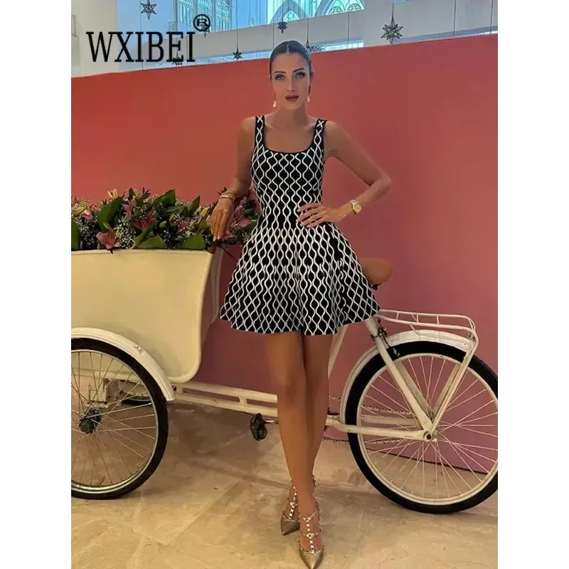 Women Fashion Plaid Side Pocket Knitted Mini Dress Elegant Backless Sleeveless Pleated A-line Dresses 2024 New Party Sexy Robes