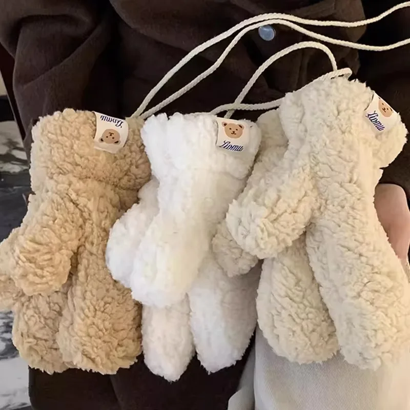 Gants chauds en peluche ours mignon avec UL, mitaines sans doigts optiques, mitaines d'équitation en plein air, protège-mains plus chauds coréens, doux, hiver, 2024