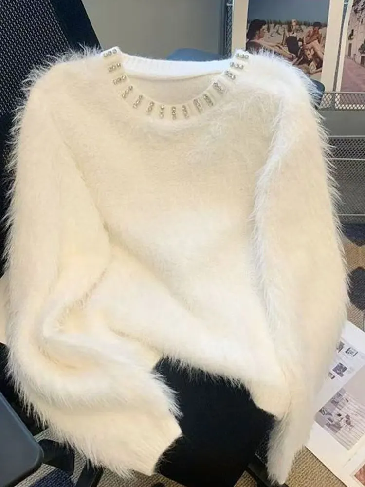 

2026 Тяжелая промышленность, белые пуловеры с круглым вырезом и длинными рукавами, свитер из норки, женский пуловер, вязаный свитер, топ