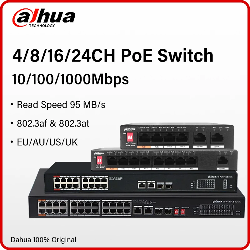 

Dahua 4/8/16/24 Port PoE Switch 10/100/1000Mbps Gigabit Fast Ethernet Switch IEEE 802.3 For VTO VTH IP Camera S3000C-8GT2GT-DPWR