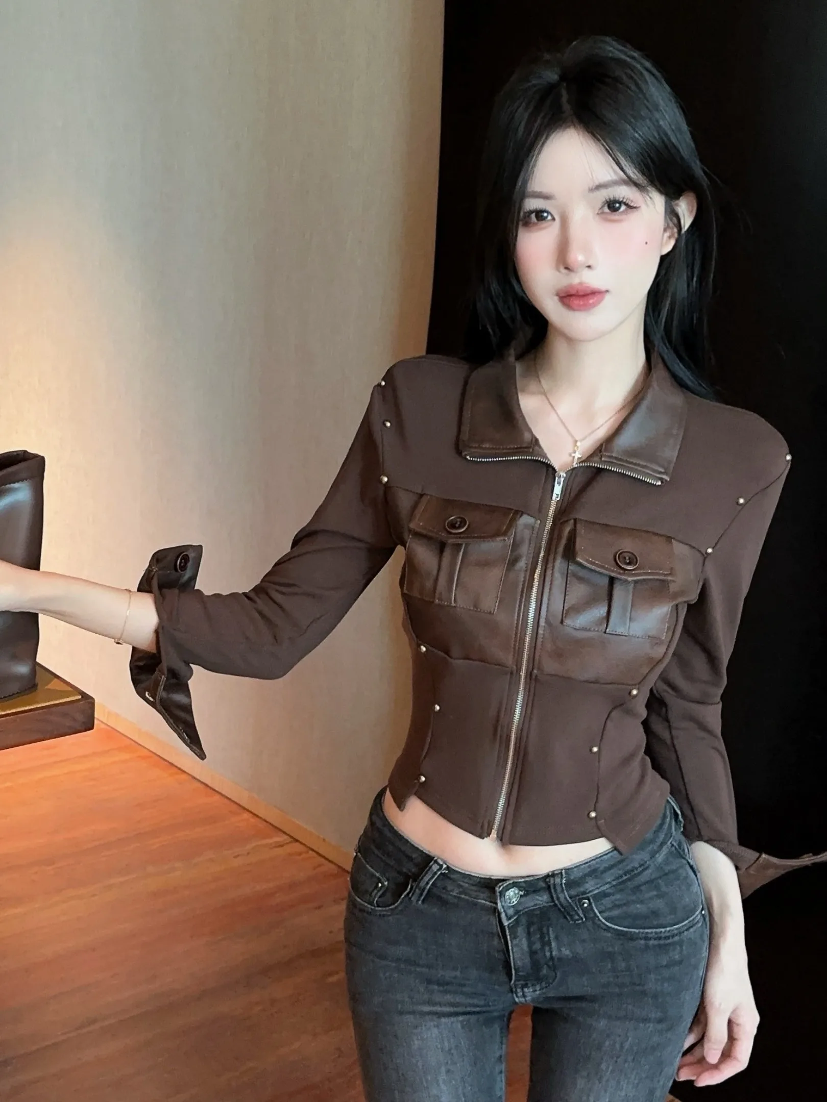 Slim Fit Longo Sve Fce Forrado Casaco Or Vintage Couro Patchwork Embelezado Zíper Design Feminino Faion Outerwear