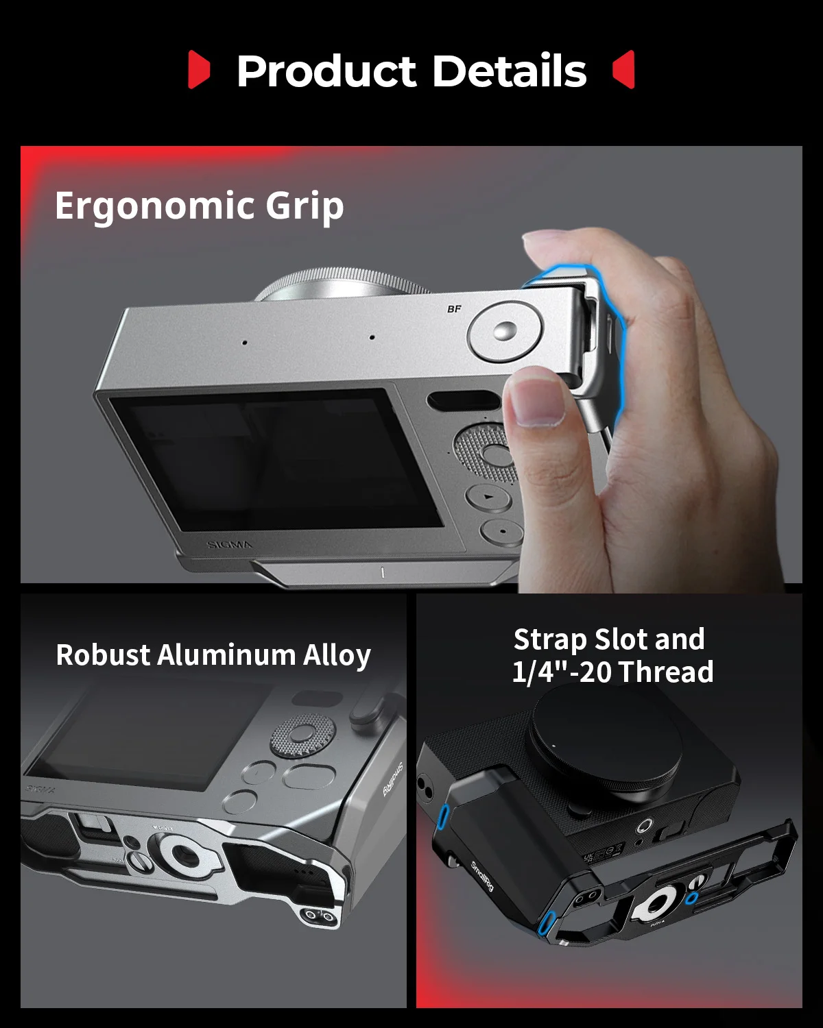 SmallRig BF 카메라 케이지 시그마 BF 블랙/슬리버용 핸들이 있는 L자형 마운트 플레이트, Arca-Swiss 퀵 릴리스 플레이트가 있는 엄지 그립