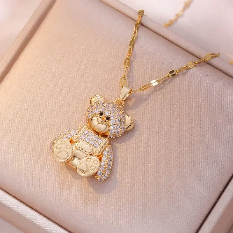 

Gold-Tone Bear Pendant Necklace with Full Rhinestone Inlay and Link Chain