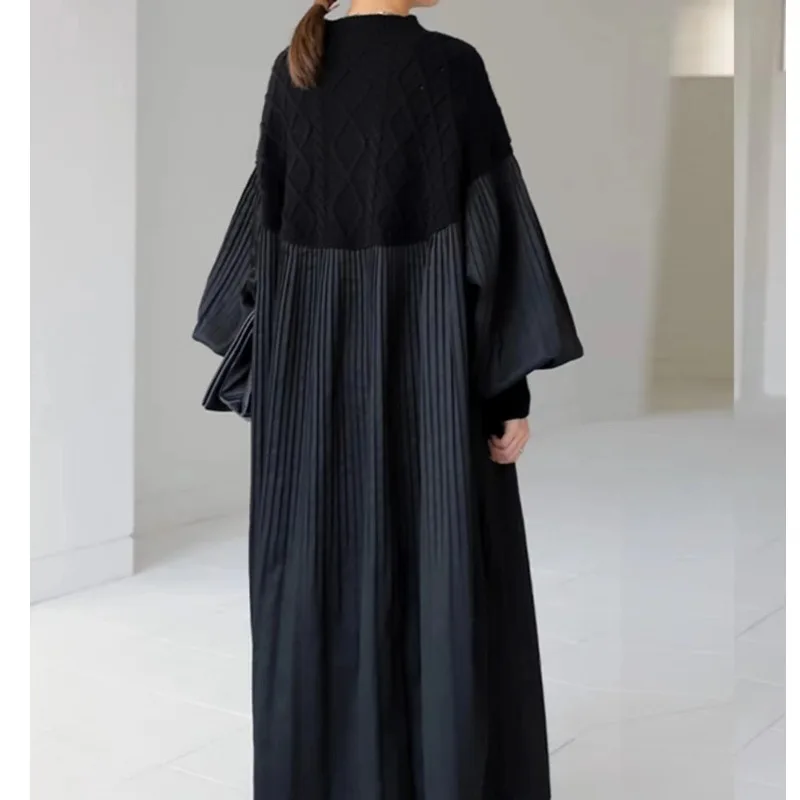 レトロな大きいサイズのダイヤモンド柄セータードレス、ランタンスリーブロングスカート、ハイウエストAラインガウン、女性用秋冬