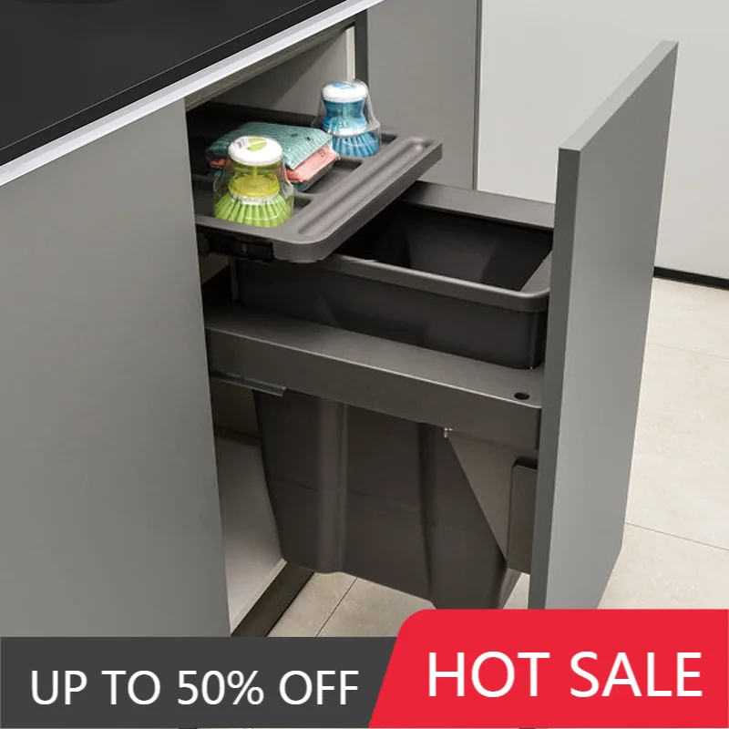 Large Capacity Waste Bins Food Waste Trash Can Kitchen Recycle Dustbin Built-in Cleaning Litter Bins Garbage Disposal Tools
