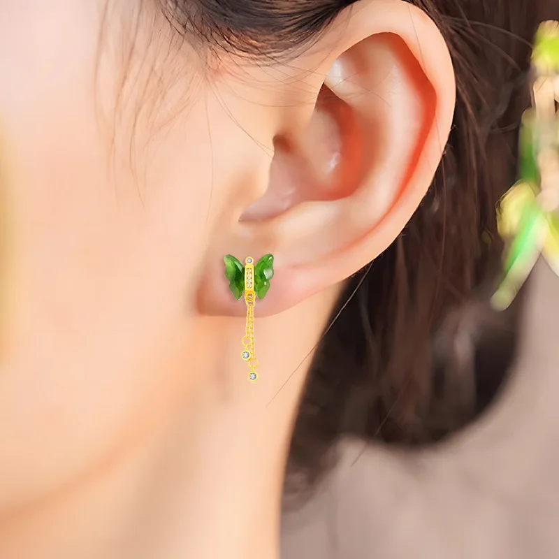 Spinach Green Natural Old Material Hotan Jade Jasper Butterfly Earrings Women's S925 Silver Jade Inlaid Simple Jewelry Drop Ship