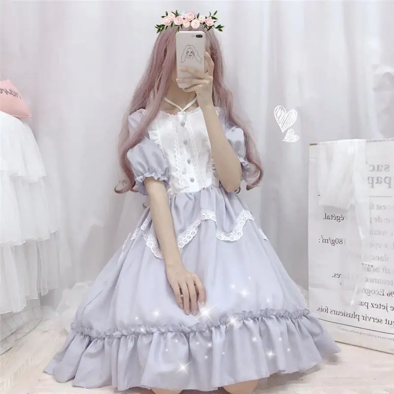 Cute Soft Girl Lolita OP Dress Lace Japanese Dress Female Student Korean Loose Lolita Kawaii Daily Summer Fairy Dress Vestidos