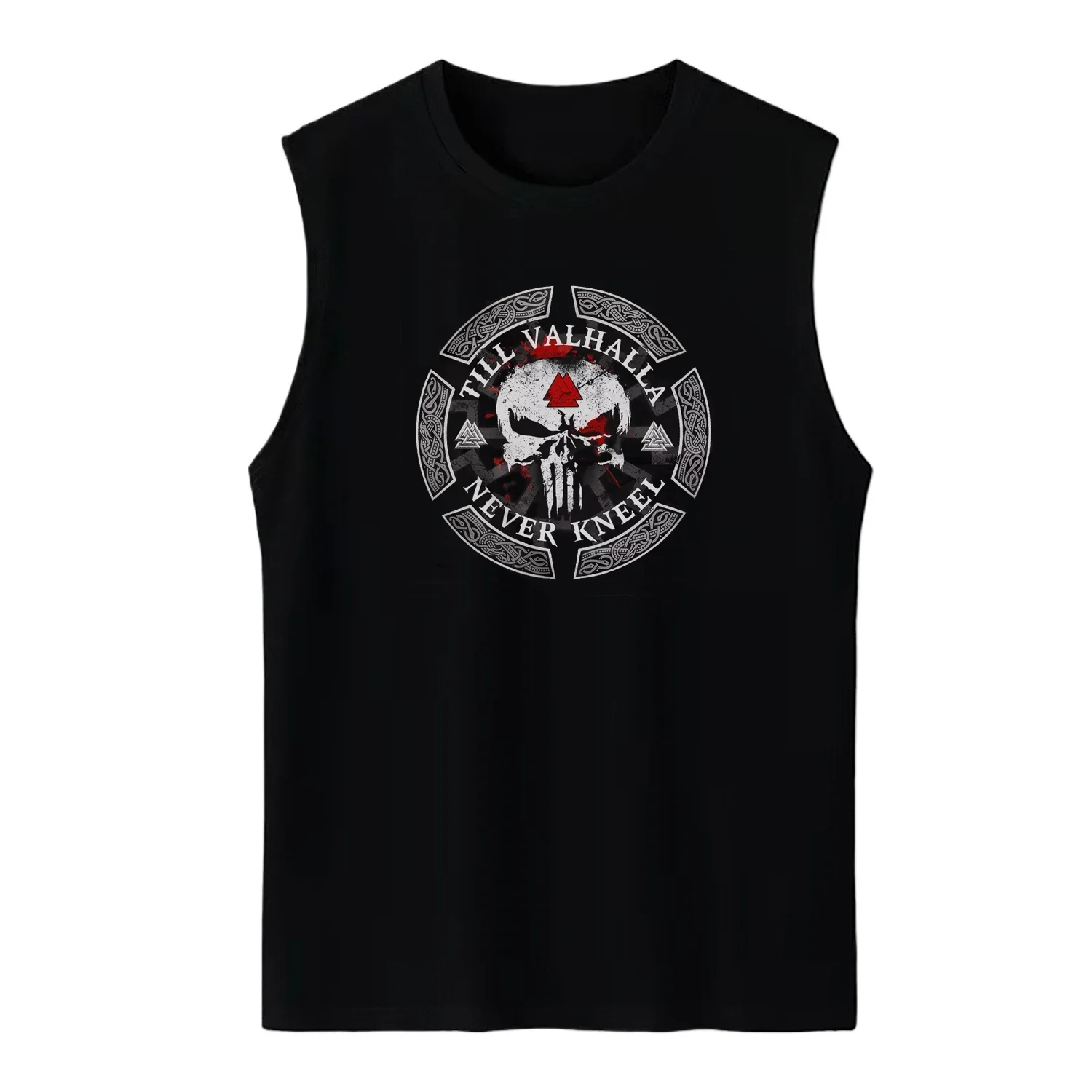 Till Valhalla, Never Kneel. Blood Valknut Rune Skull Nordic Warrior Tank Top 100% Cotton O-Neck Casual Mens Vests Sleeveless Tee