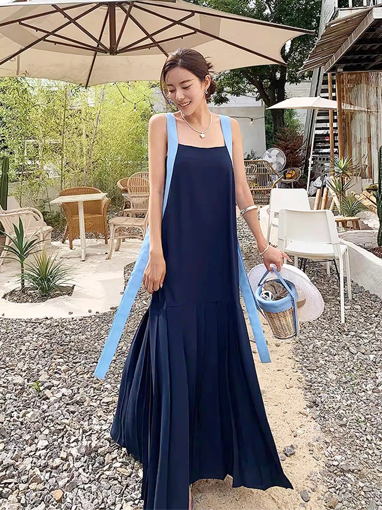 시크한 여름 젠틀한 분위기 컬러 블록 스트랩 스플라이스 플리츠 스커트 슬림핏 튜브탑 스트랩리스 드레스 하이웨이스트 롱 드레스