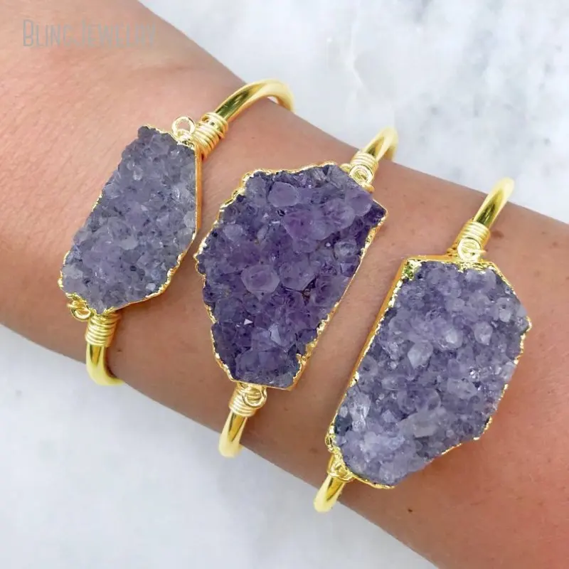 

10Pcs Purple Druzy Cuff Boho Chunk Amethyst Bracelet Bangle Bridesmaid Gift Gold Color Stainless Steel Jewelry for Women